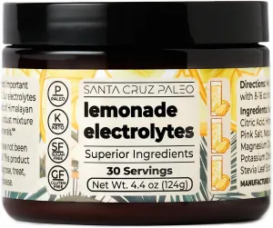 Santa Cruz Paleo Electrolyte Powder, Lemonade Flavor, Sugar Free Hydration Drink Mix with Himalayan Pink Salt, Sea Salt, Magnesium Glycinate, Potassium Chloride, Sweetened with Stevia, 30 Servings