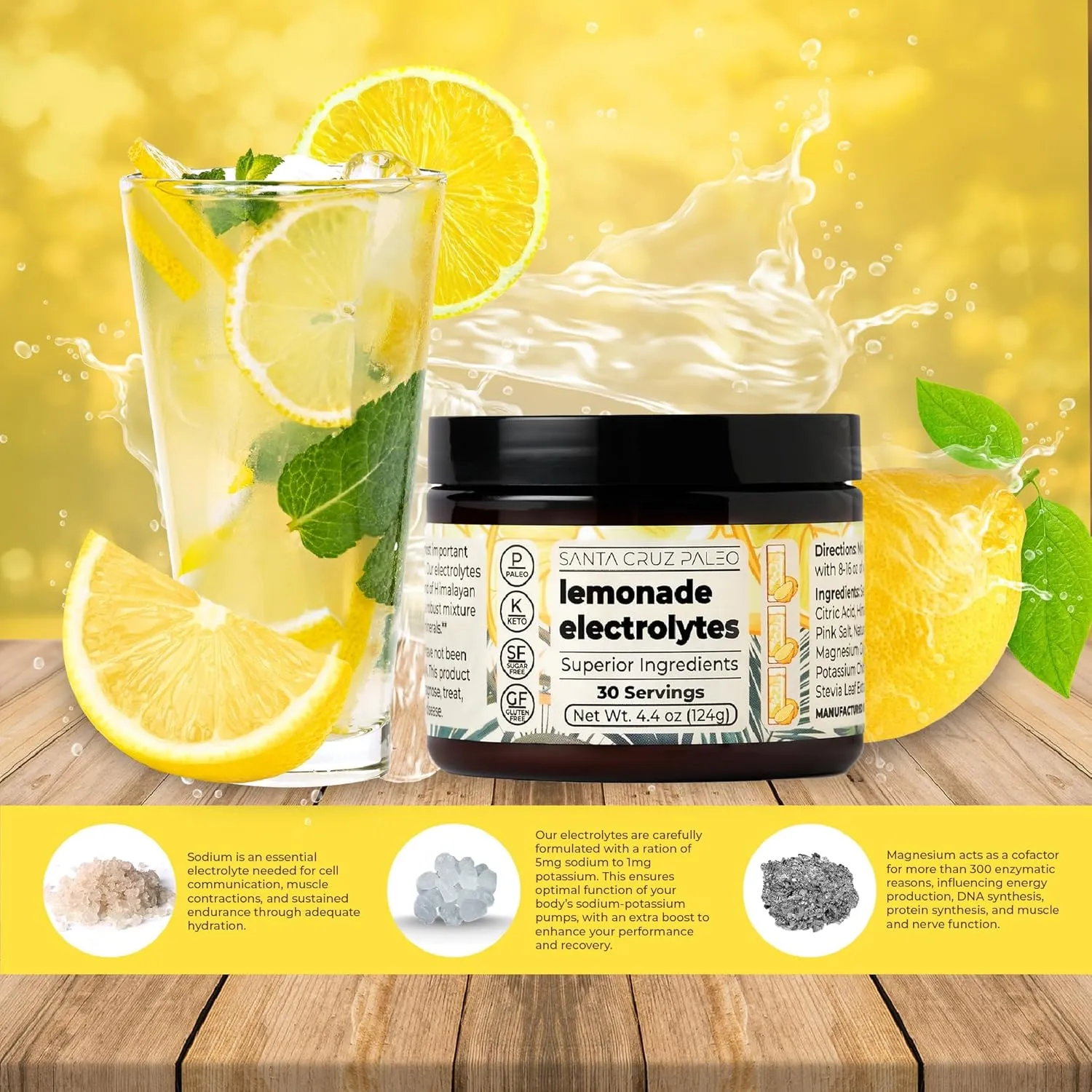 Santa Cruz Paleo Electrolyte Powder, Lemonade Flavor, Sugar Free Hydration Drink Mix with Himalayan Pink Salt, Sea Salt, Magnesium Glycinate, Potassium Chloride, Sweetened with Stevia, 30 Servings