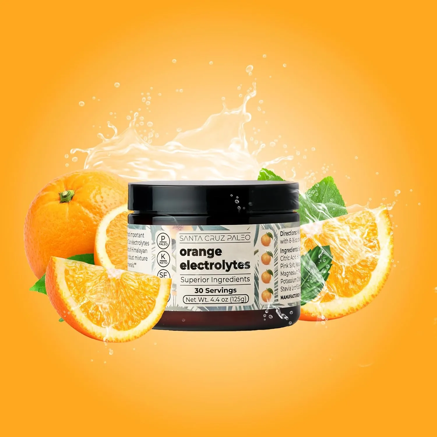 Santa Cruz Paleo Electrolyte Powder, Orange Flavor, Sugar Free Hydration Drink Mix with Himalayan Pink Salt, Sea Salt, Magnesium Glycinate, Potassium Chloride, Sweetened with Stevia, 30 Servings