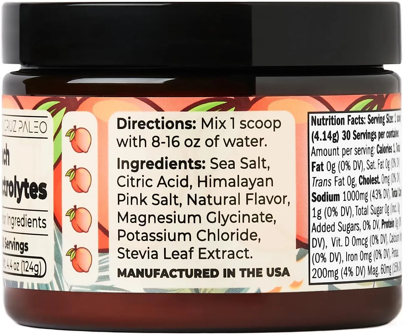 Santa Cruz Paleo Electrolyte Powder, Peach Flavor, Sugar Free Hydration Drink Mix with Himalayan Pink Salt, Sea Salt, Magnesium Glycinate, Potassium Chloride, Sweetened with Stevia, 30 Servings