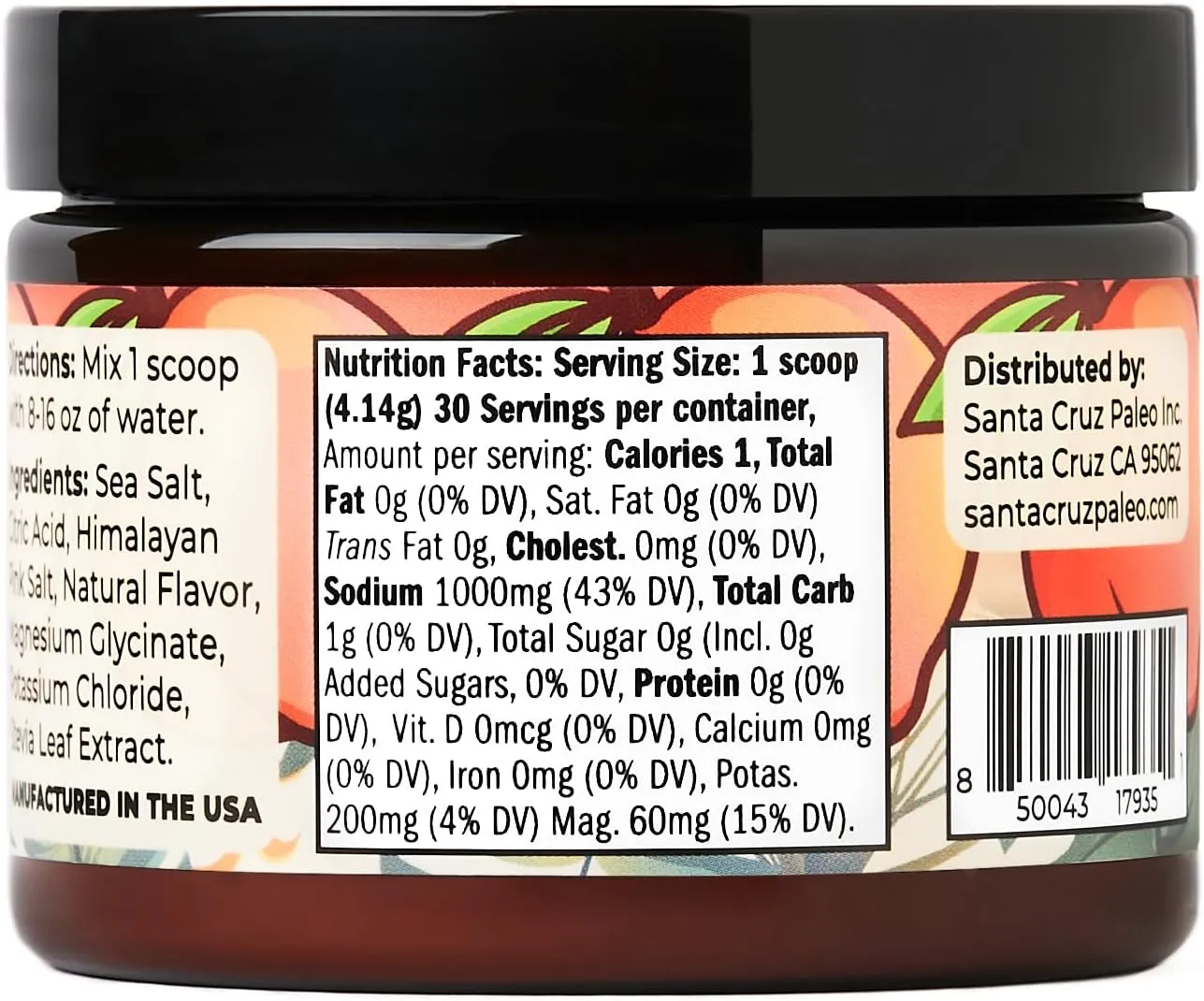 Santa Cruz Paleo Electrolyte Powder, Peach Flavor, Sugar Free Hydration Drink Mix with Himalayan Pink Salt, Sea Salt, Magnesium Glycinate, Potassium Chloride, Sweetened with Stevia, 30 Servings