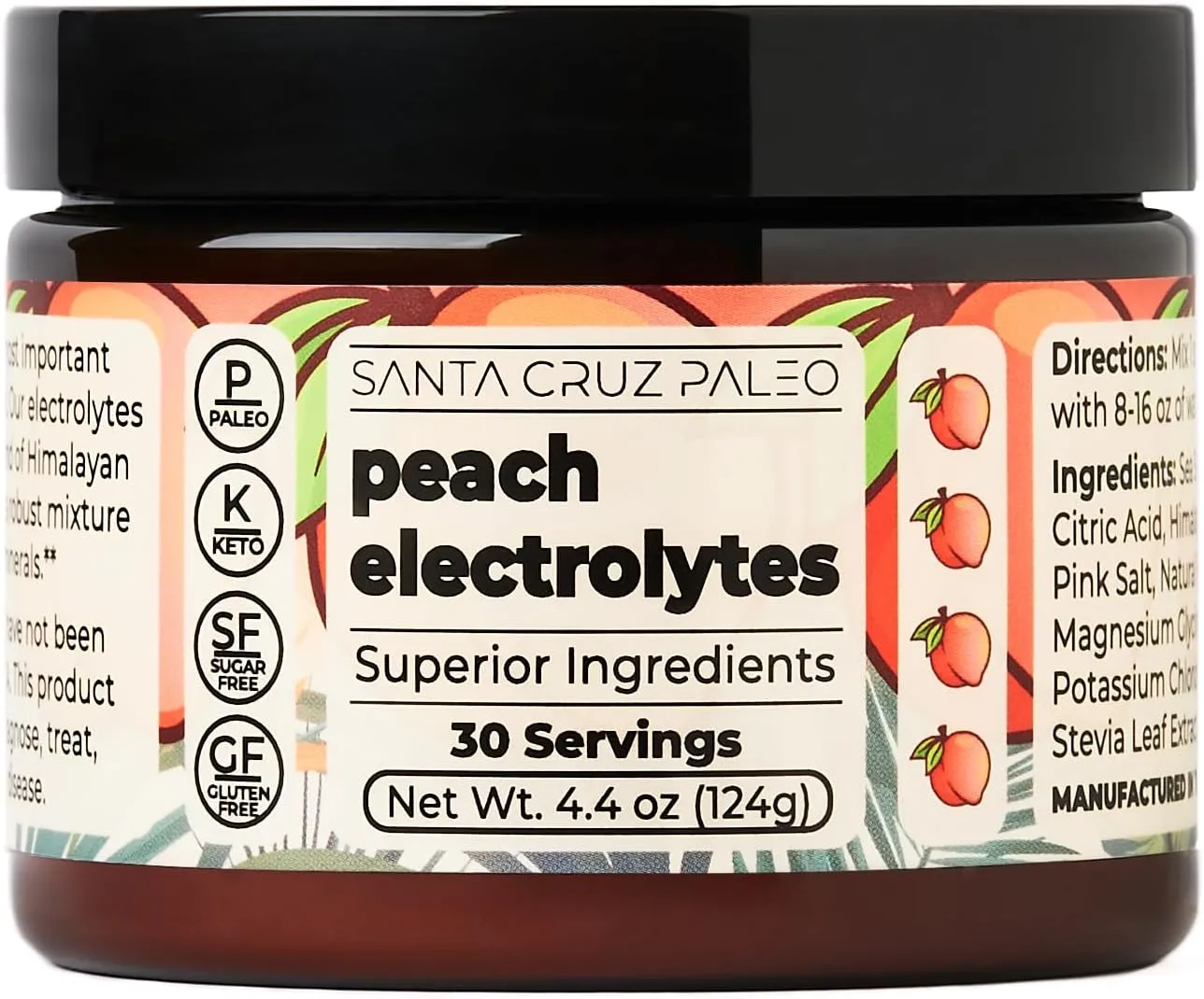 Santa Cruz Paleo Electrolyte Powder, Peach Flavor, Sugar Free Hydration Drink Mix with Himalayan Pink Salt, Sea Salt, Magnesium Glycinate, Potassium Chloride, Sweetened with Stevia, 30 Servings
