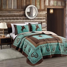 Sapphire Home Luxury 3-Piece Quilt Bedspread Set - Western Design Collection - Wild Horse Country/Horseshoe/Star/Cowboy/Southwestern Blue/Tayler Design w/Pillow Sham - King Size, Turquoise Brown
