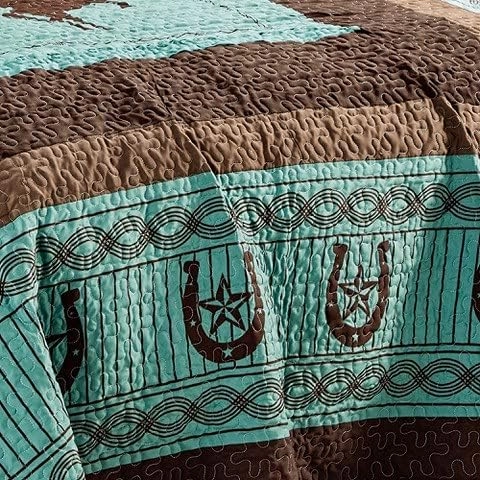 Sapphire Home Luxury 3-Piece Quilt Bedspread Set - Western Design Collection - Wild Horse Country/Horseshoe/Star/Cowboy/Southwestern Blue/Tayler Design w/Pillow Sham - King Size, Turquoise Brown