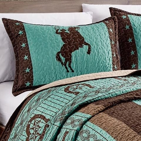 Sapphire Home Luxury 3-Piece Quilt Bedspread Set - Western Design Collection - Wild Horse Country/Horseshoe/Star/Cowboy/Southwestern Blue/Tayler Design w/Pillow Sham - King Size, Turquoise Brown