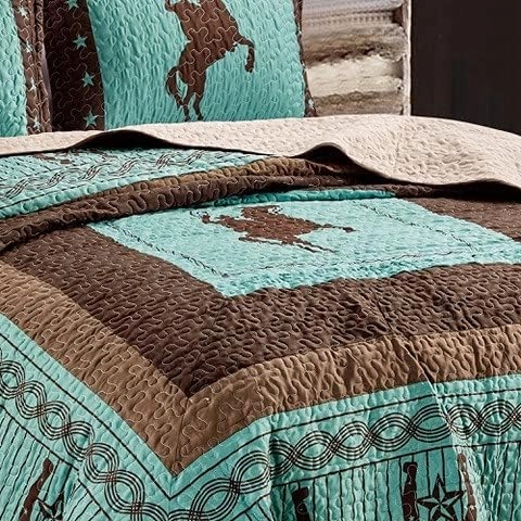 Sapphire Home Luxury 3-Piece Quilt Bedspread Set - Western Design Collection - Wild Horse Country/Horseshoe/Star/Cowboy/Southwestern Blue/Tayler Design w/Pillow Sham - King Size, Turquoise Brown