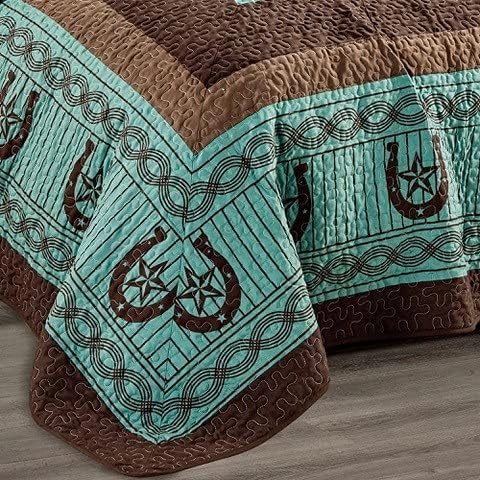 Sapphire Home Luxury 3-Piece Quilt Bedspread Set - Western Design Collection - Wild Horse Country/Horseshoe/Star/Cowboy/Southwestern Blue/Tayler Design w/Pillow Sham - King Size, Turquoise Brown