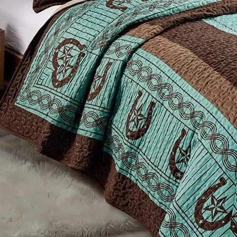 Sapphire Home Luxury 3-Piece Quilt Bedspread Set - Western Design Collection - Wild Horse Country/Horseshoe/Star/Cowboy/Southwestern Blue/Tayler Design w/Pillow Sham - King Size, Turquoise Brown