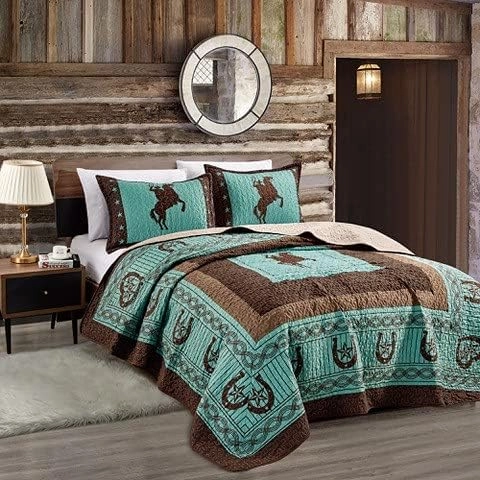 Sapphire Home Luxury 3-Piece Quilt Bedspread Set - Western Design Collection - Wild Horse Country/Horseshoe/Star/Cowboy/Southwestern Blue/Tayler Design w/Pillow Sham - King Size, Turquoise Brown