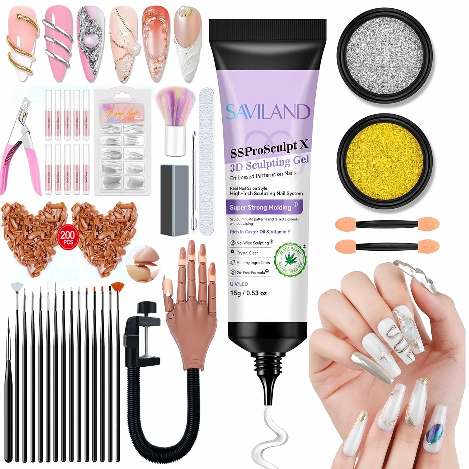 Saviland 3D Gel Nail Kit: Practice Hand for Acrylic Nails Kit with Professional 3D Gel Nail Art Set for Sculpting, Decoration, and Manicure