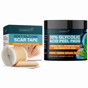 Scar Tape & Glycolic Pads - C-Section, Tummy Tuck, Keloid Removal Treatment - Post Surgery Supplies - Patch, Bandage - Exfoliating Facial Peel - Radiance Face Wipes - 60 Double-Side Pads