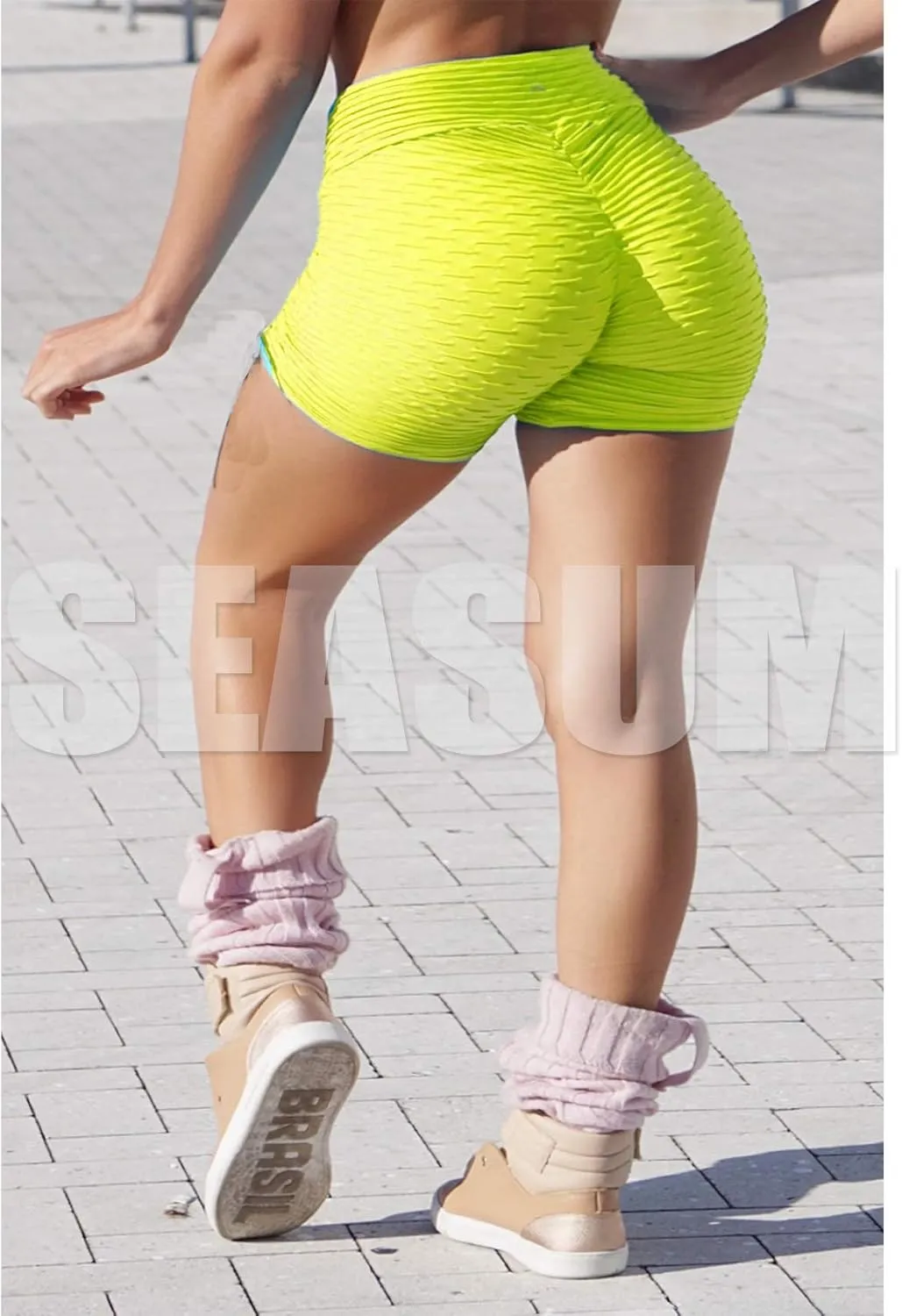 SEASUM Women Workout Shorts Brazilian Textured Booty Leggings Shorts Anti-Cellulite Scrunch Butt Lift