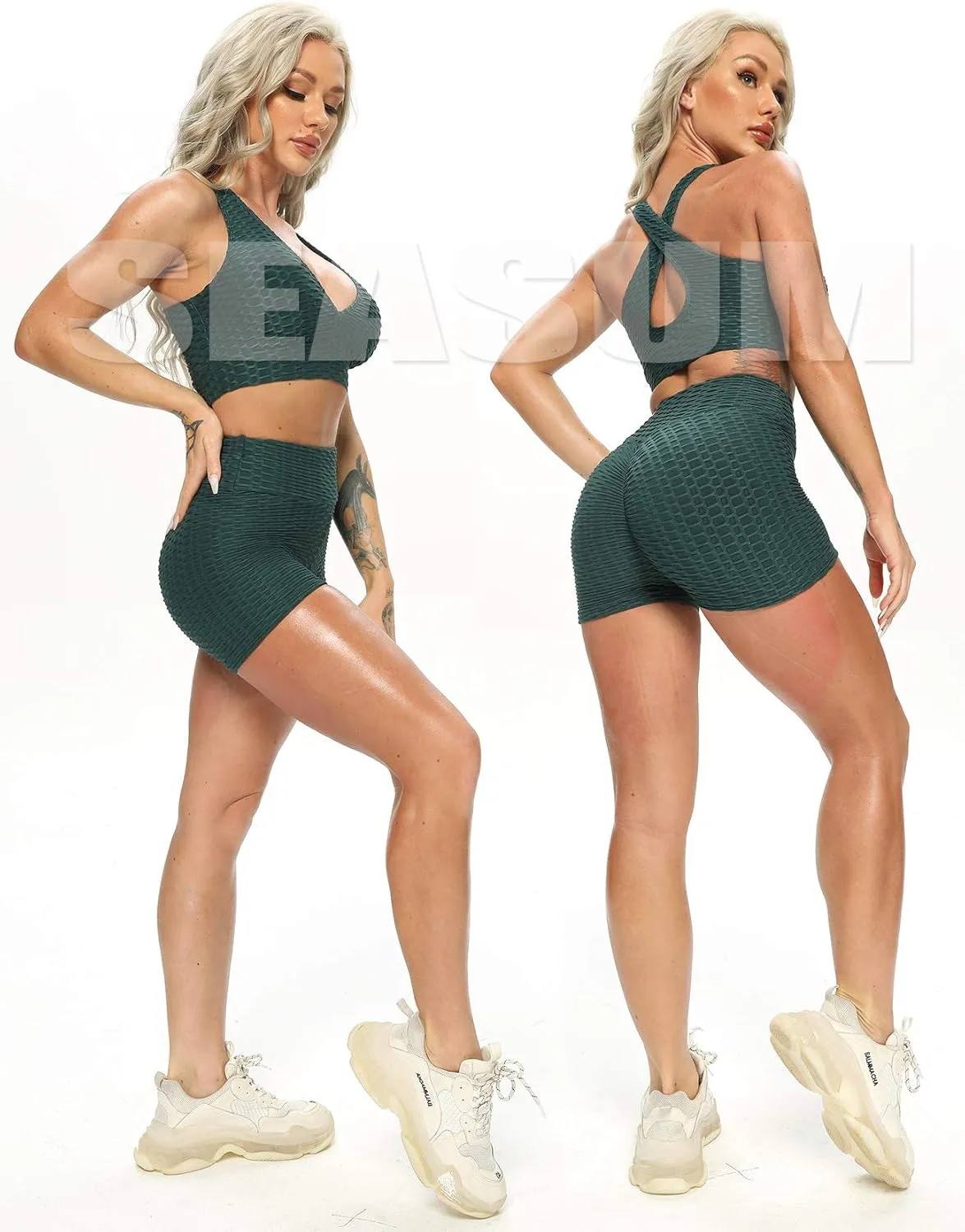 SEASUM Women Workout Shorts Brazilian Textured Booty Leggings Shorts Anti-Cellulite Scrunch Butt Lift