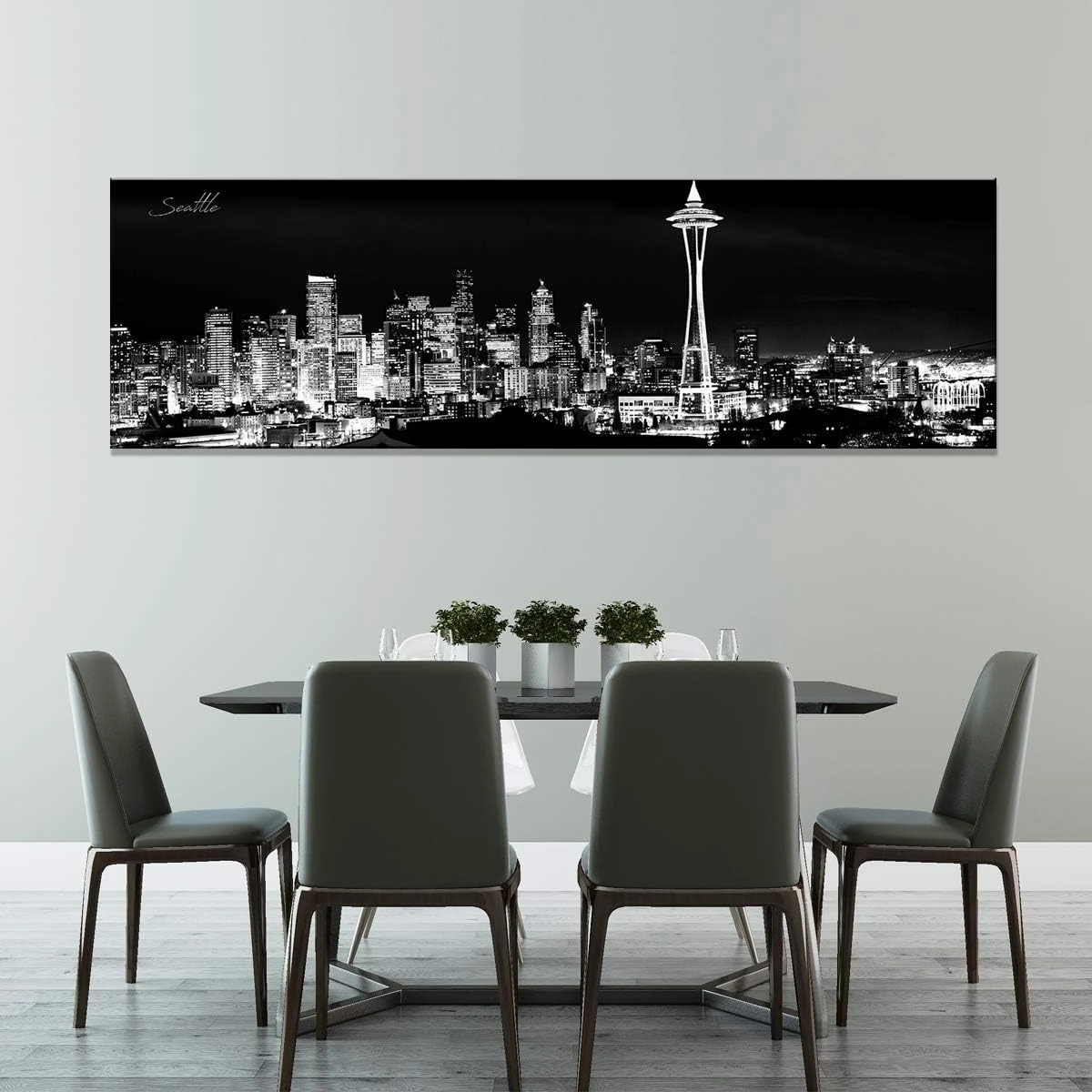 Seattle Skyline Wall Art Black and White Washington City Picture for Living Room Space Needle Skyscraper Canvas Prints Office Bedroom Wall Decor Night Cityscape Panorama Artwork Home Decoration 14x48”