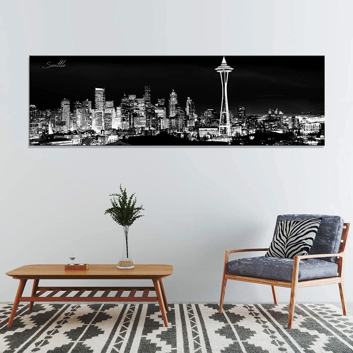 Seattle Skyline Wall Art Black and White Washington City Picture for Living Room Space Needle Skyscraper Canvas Prints Office Bedroom Wall Decor Night Cityscape Panorama Artwork Home Decoration 14x48”