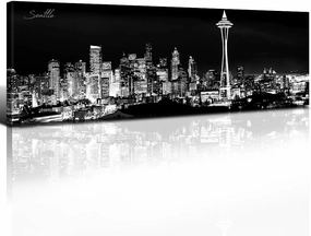 Seattle Skyline Wall Art Black and White Washington City Picture for Living Room Space Needle Skyscraper Canvas Prints Office Bedroom Wall Decor Night Cityscape Panorama Artwork Home Decoration 14x48”