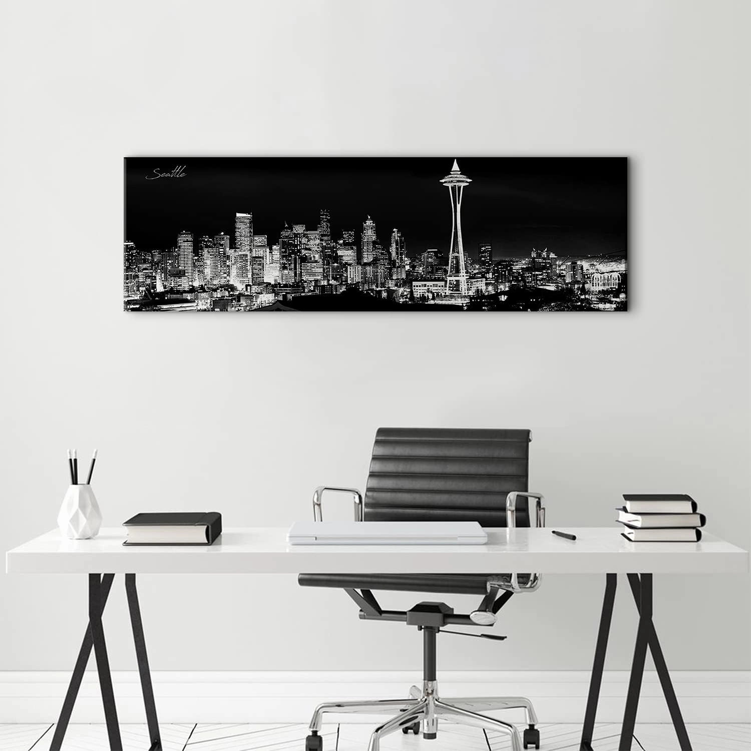 Seattle Skyline Wall Art Black and White Washington City Picture for Living Room Space Needle Skyscraper Canvas Prints Office Bedroom Wall Decor Night Cityscape Panorama Artwork Home Decoration 14x48”