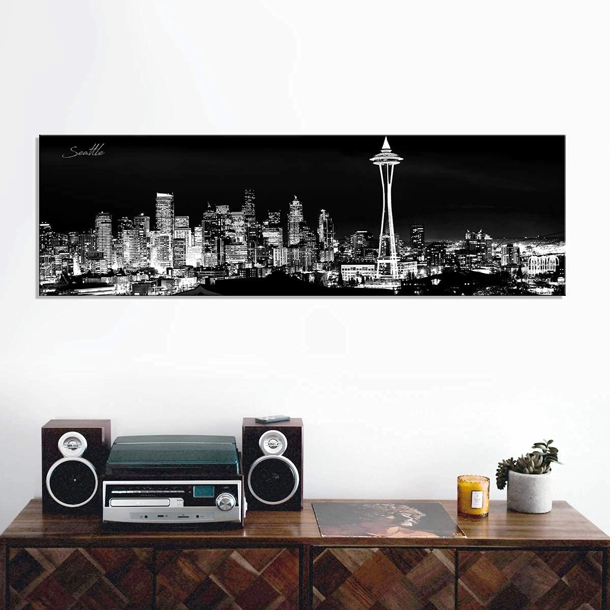 Seattle Skyline Wall Art Black and White Washington City Picture for Living Room Space Needle Skyscraper Canvas Prints Office Bedroom Wall Decor Night Cityscape Panorama Artwork Home Decoration 14x48”