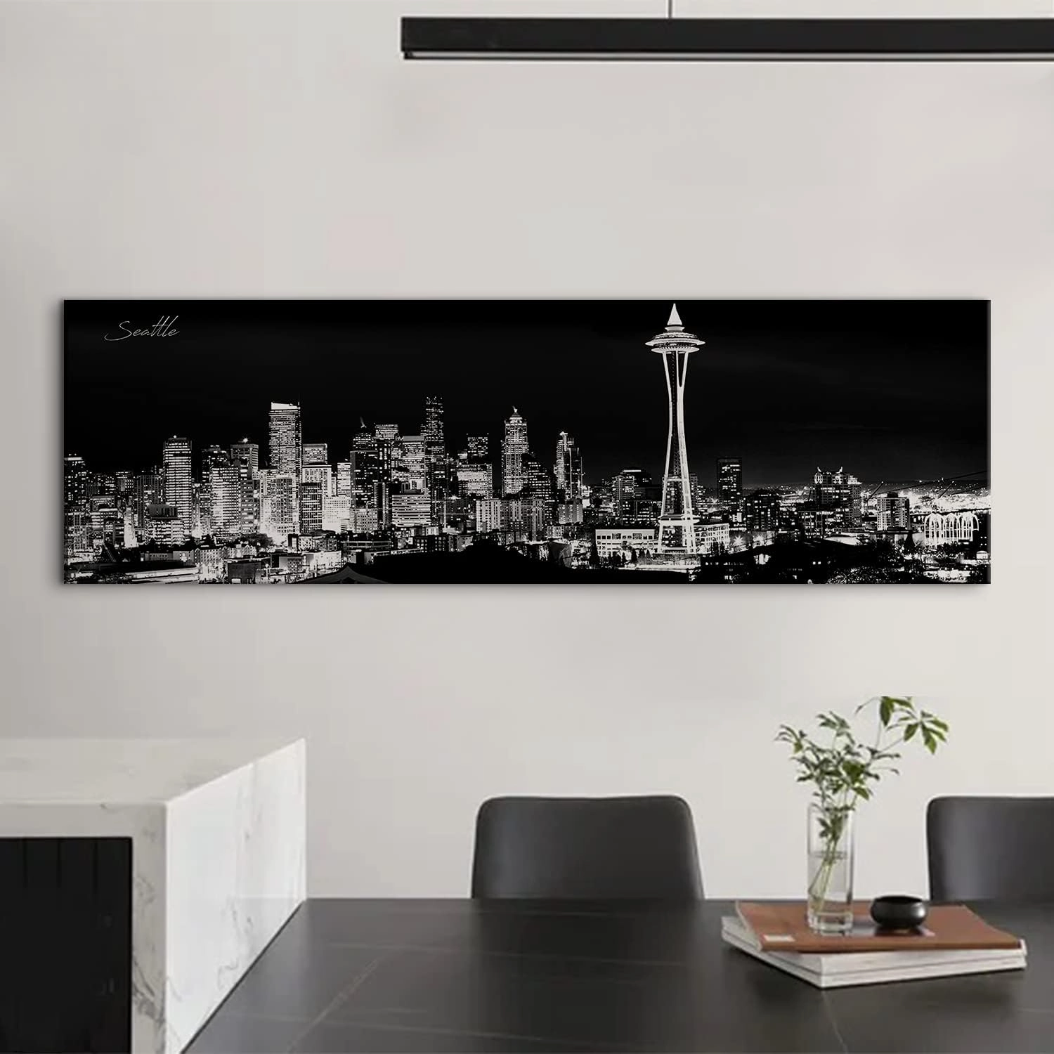 Seattle Skyline Wall Art Black and White Washington City Picture for Living Room Space Needle Skyscraper Canvas Prints Office Bedroom Wall Decor Night Cityscape Panorama Artwork Home Decoration 14x48”