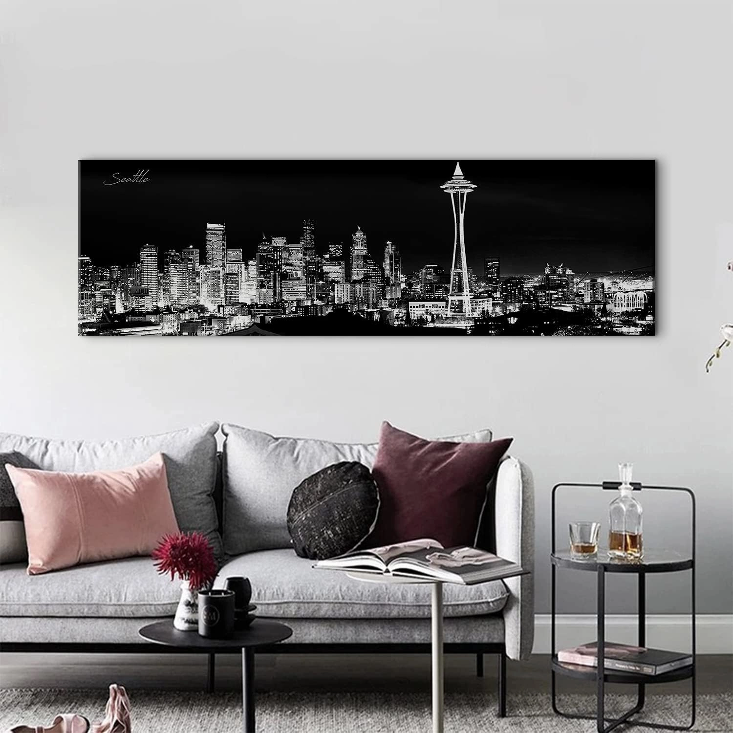 Seattle Skyline Wall Art Black and White Washington City Picture for Living Room Space Needle Skyscraper Canvas Prints Office Bedroom Wall Decor Night Cityscape Panorama Artwork Home Decoration 14x48”