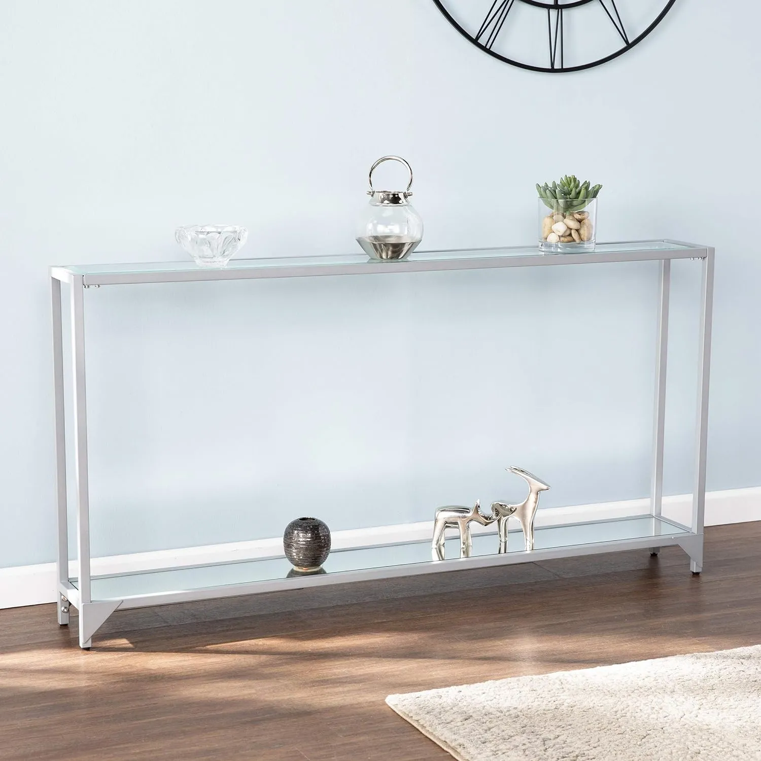 SEI Furniture Bergen Narrow Metal Console Table, Living Room With Open Concept Living Space, Glam Style Powder-Coated Iron, Silver