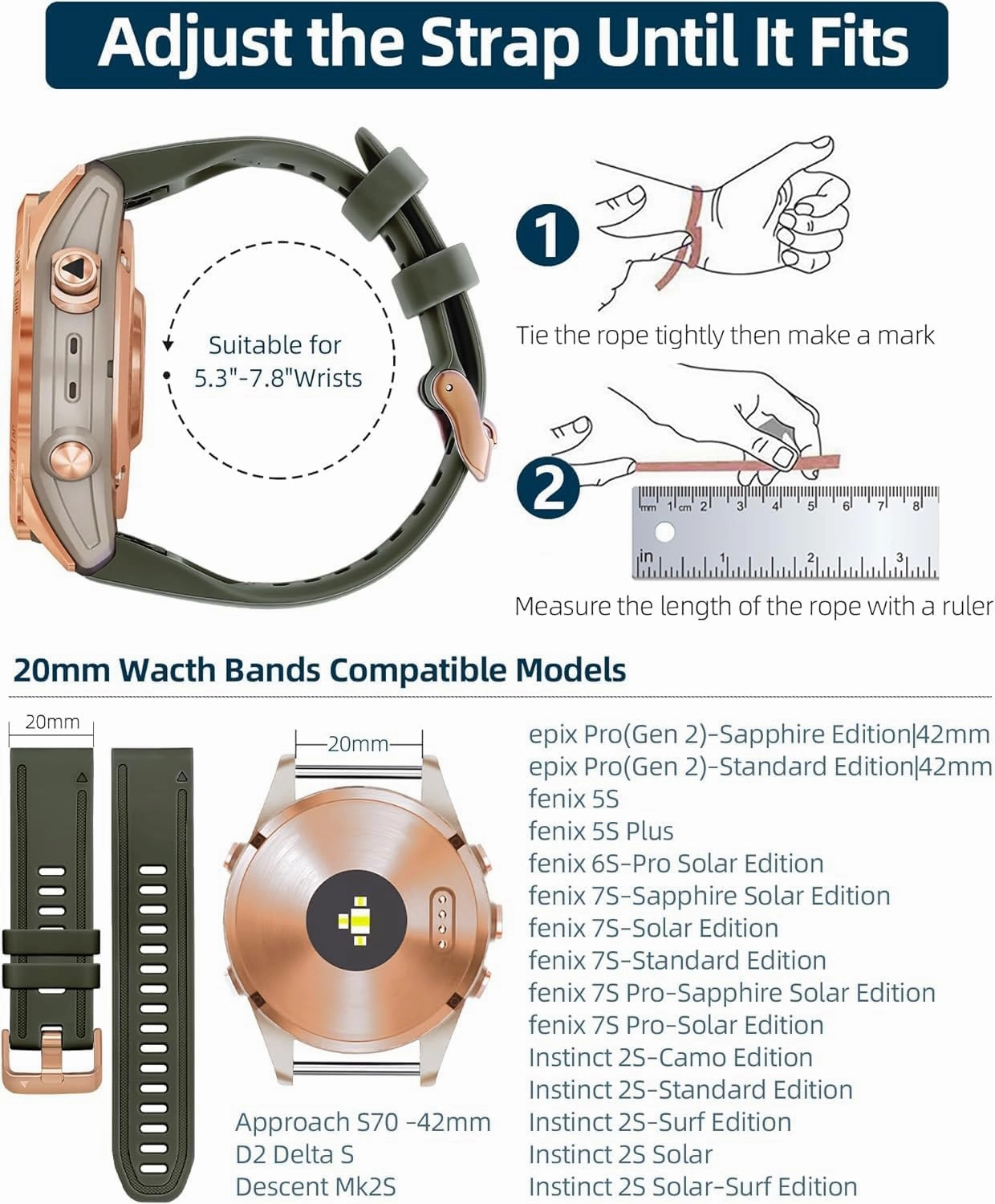 SERDAS 20mm Watch Band Replacement for Garmin fenix 5S/5S Plus/6S/7S/Instinct 2S/D2, Quick Fit Soft Silicone Strap with Rose Gold Buckle Breathable Waterproof Wristband Accessory