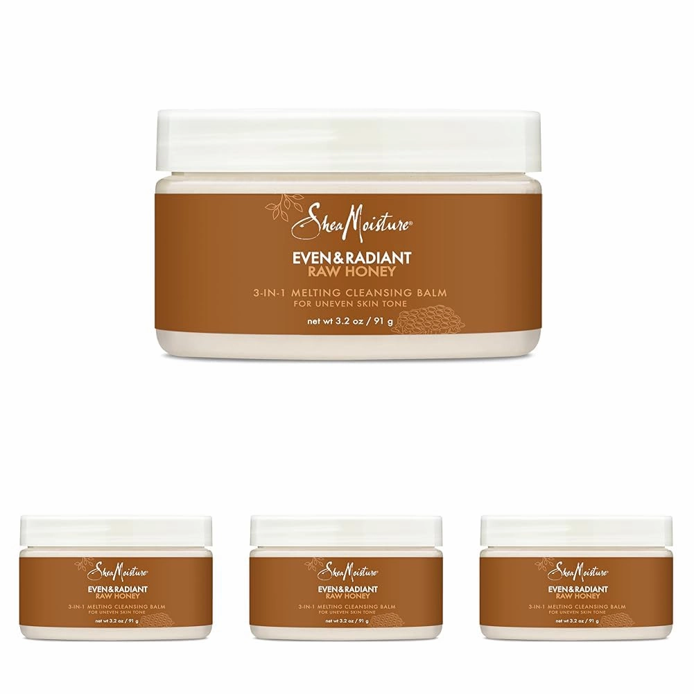 SheaMoisture Even and Radiant Face Cleanser For Uneven Skin Tone and Dark Spots 3-in-1 Cleansing Balm With Raw Honey 3.2 oz (Pack of 4)