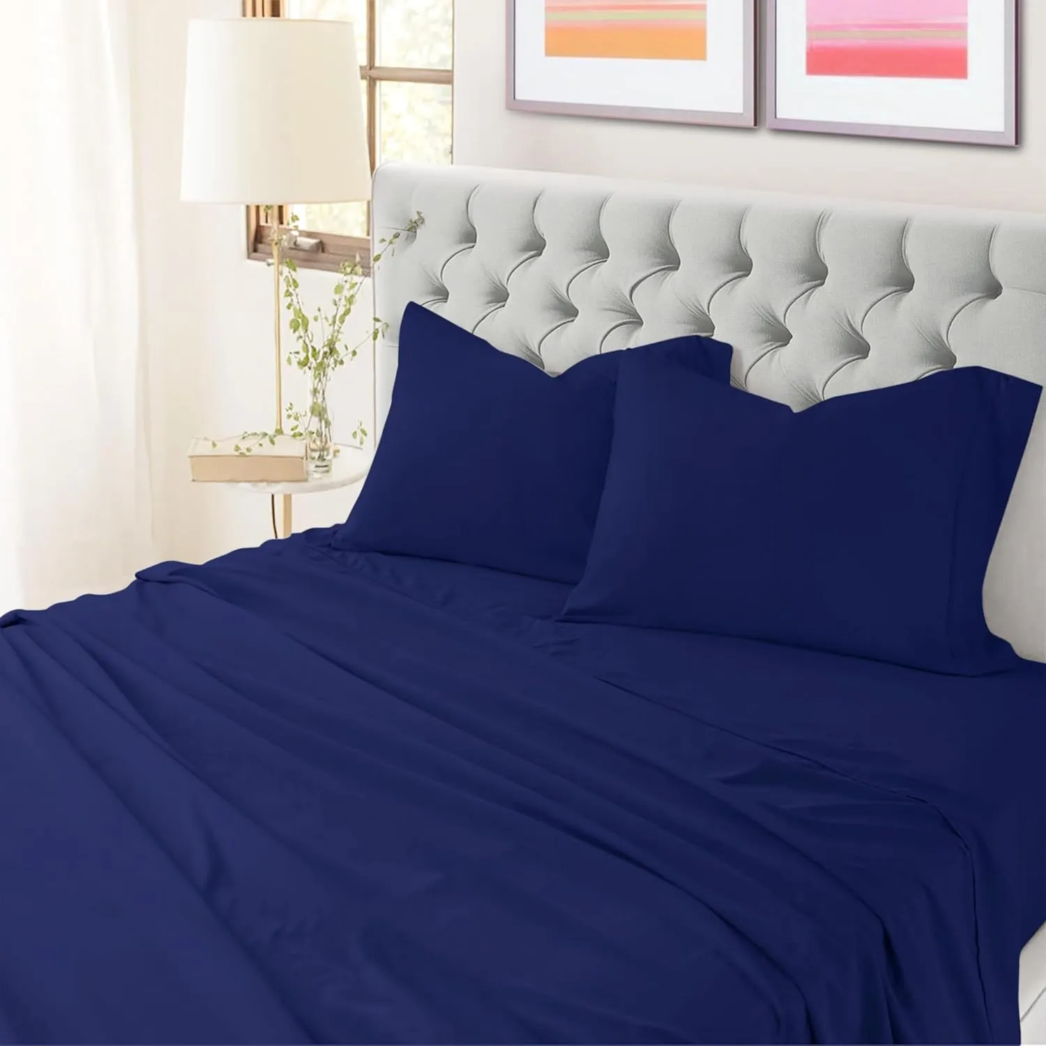 Sheet Set for Full Size Bed, Luxury Hotel Sheet Sets, Breathable & Cooling Sheets for Hot Sleepers, 4 Piece Cotton Sheet Set, Wrinkle Free, Cotton Rich, Navy Blue