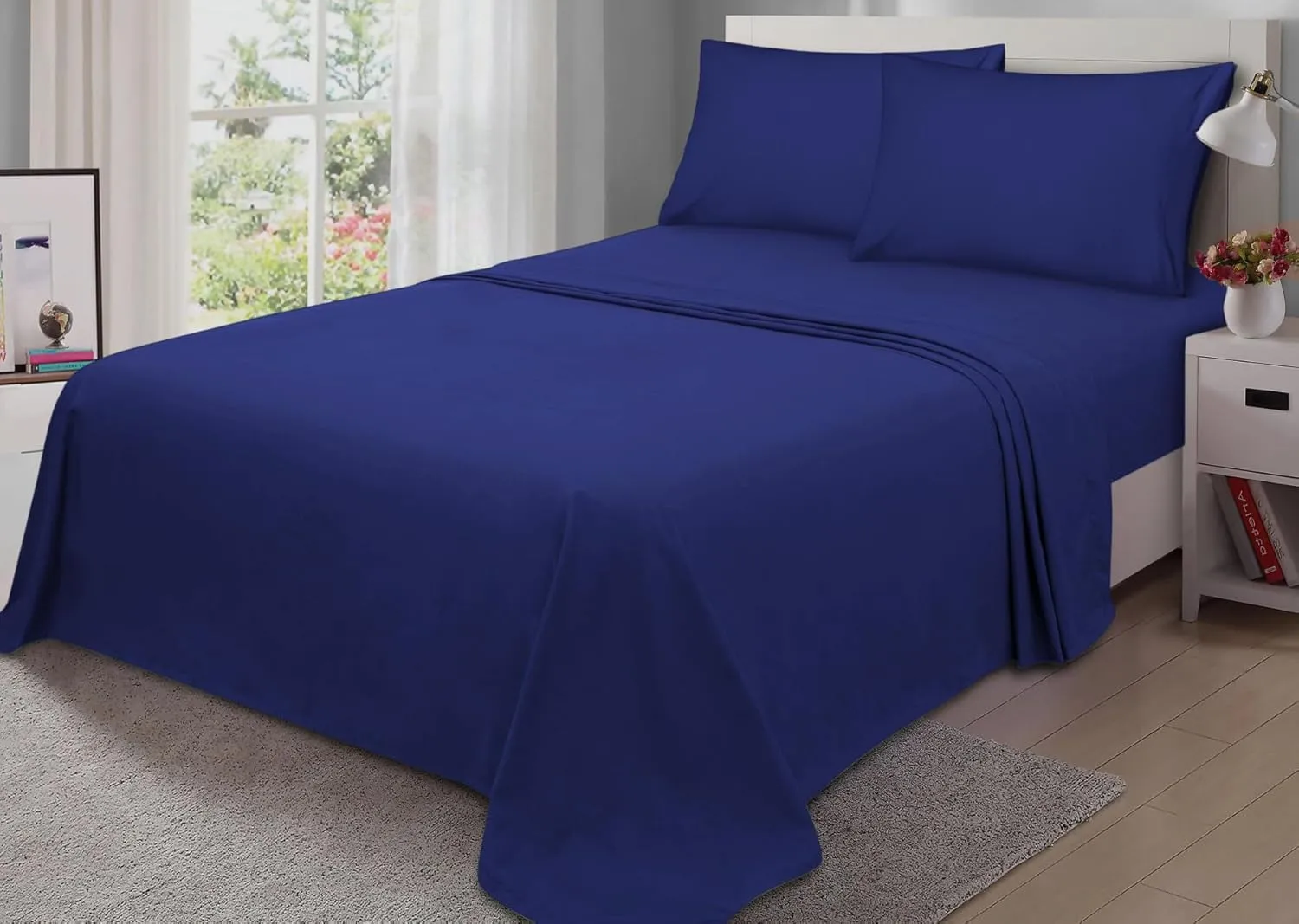 Sheet Set for Full Size Bed, Luxury Hotel Sheet Sets, Breathable & Cooling Sheets for Hot Sleepers, 4 Piece Cotton Sheet Set, Wrinkle Free, Cotton Rich, Navy Blue