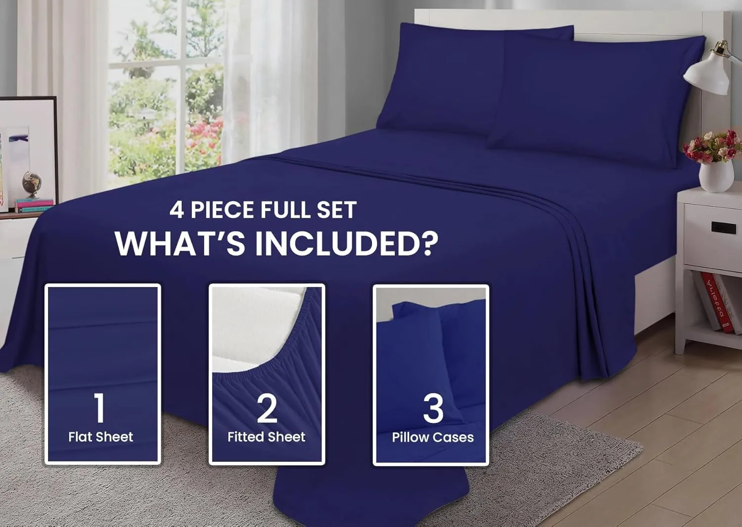 Sheet Set for Full Size Bed, Luxury Hotel Sheet Sets, Breathable & Cooling Sheets for Hot Sleepers, 4 Piece Cotton Sheet Set, Wrinkle Free, Cotton Rich, Navy Blue