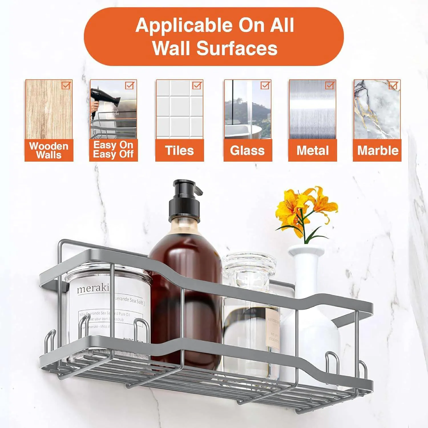 Shower Caddy Bathroom Shelves, The Athena Silken Silver 4 Set, 40LB Capacity, Adhesive Tape - No Drill-Rustproof -Gorgeous Powder Coated 304 Stainless Steel Shower Organizer for kitchen and Home Decor