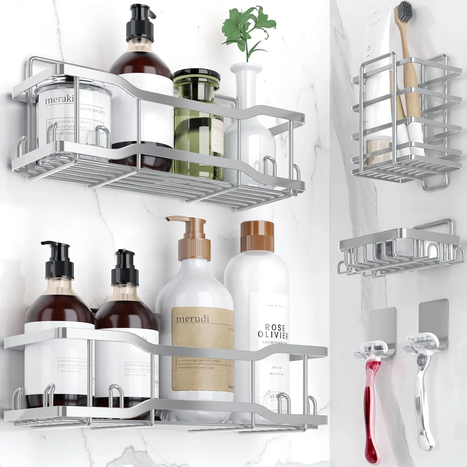 Shower Caddy Bathroom Shelves, The Athena Silken Silver 4 Set, 40LB Capacity, Adhesive Tape - No Drill-Rustproof -Gorgeous Powder Coated 304 Stainless Steel Shower Organizer for kitchen and Home Decor
