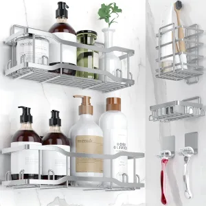 Shower Caddy Bathroom Shelves, The Athena Silken Silver 4 Set, 40LB Capacity, Adhesive Tape - No Drill-Rustproof -Gorgeous Powder Coated 304 Stainless Steel Shower Organizer for kitchen and Home Decor