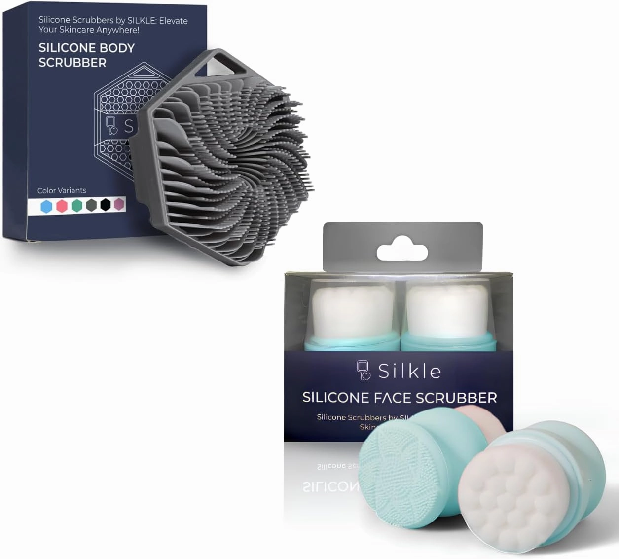 Silicone Body Scrubber (Gray) & 2-Pack Face Scrubber (Blue) - Exfoliating Body Brush for Shower & Skin Cleanser - Gentle Double-Sided Facial Cleansing Brushes - Complete Skincare Set
