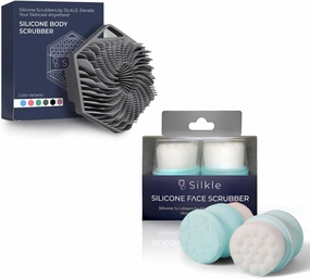 Silicone Body Scrubber (Gray) & 2-Pack Face Scrubber (Blue) - Exfoliating Body Brush for Shower & Skin Cleanser - Gentle Double-Sided Facial Cleansing Brushes - Complete Skincare Set