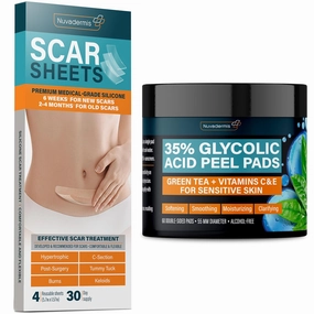 Silicone Scar Sheets & Glycolic Acid Pads - C-Section, Tummy Tuck, Keloid, Acne Removal Treatment - Advanced Post Surgery Supplies - Exfoliating Facial Peel - 60 Double-Side Pads