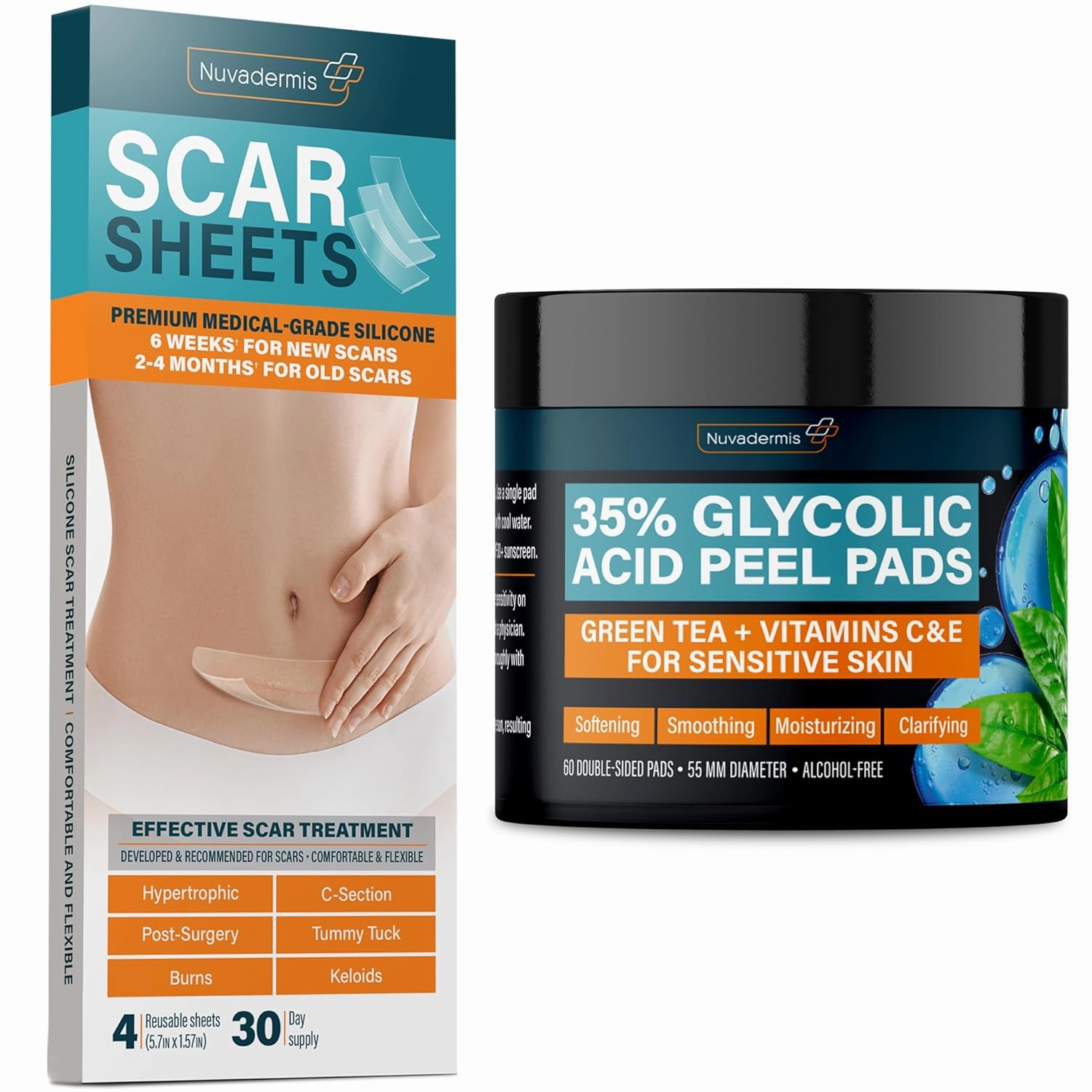 Silicone Scar Sheets & Glycolic Acid Pads - C-Section, Tummy Tuck, Keloid, Acne Removal Treatment - Advanced Post Surgery Supplies - Exfoliating Facial Peel - 60 Double-Side Pads