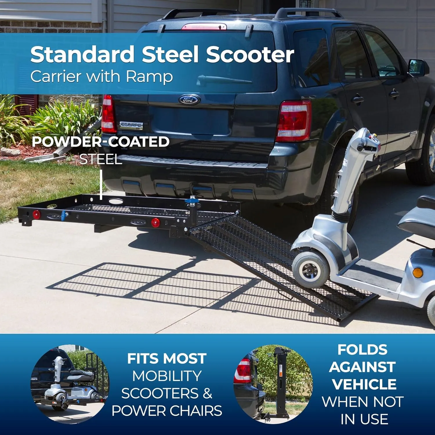 Silver Spring 48" x 27.75" Folding Steel Scooter Wheelchair Carrier w/42" Ramp, 500 lb. Cap, Hitch Mount