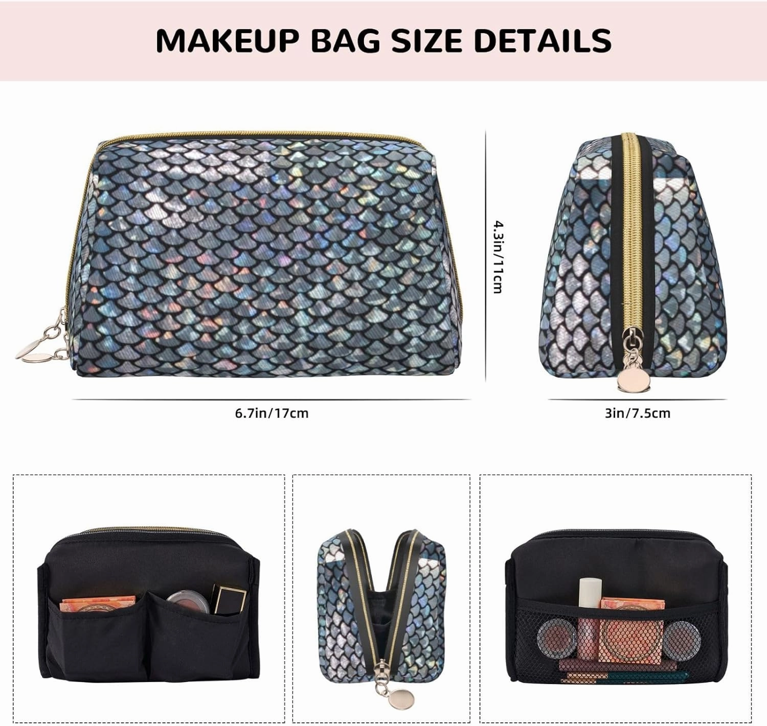 Silver Fish Scale Toiletry Pouch, Travel-Friendly Makeup Organizer For Makeup Brushes, Lipsticks