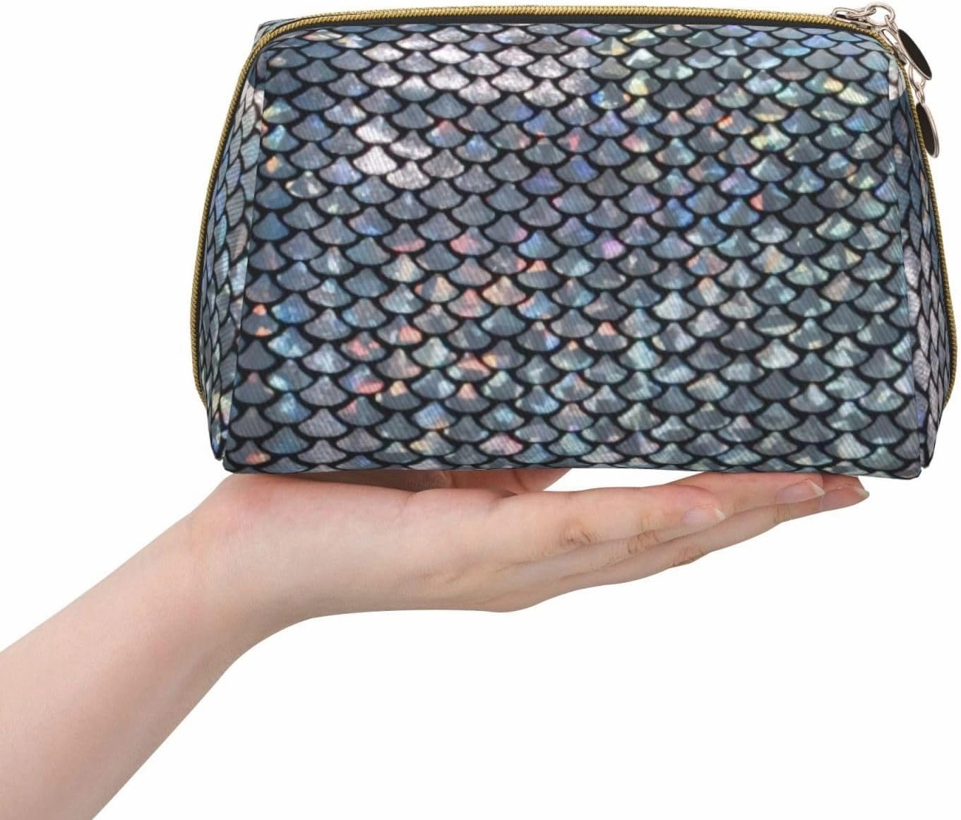 Silver Fish Scale Toiletry Pouch, Travel-Friendly Makeup Organizer For Makeup Brushes, Lipsticks