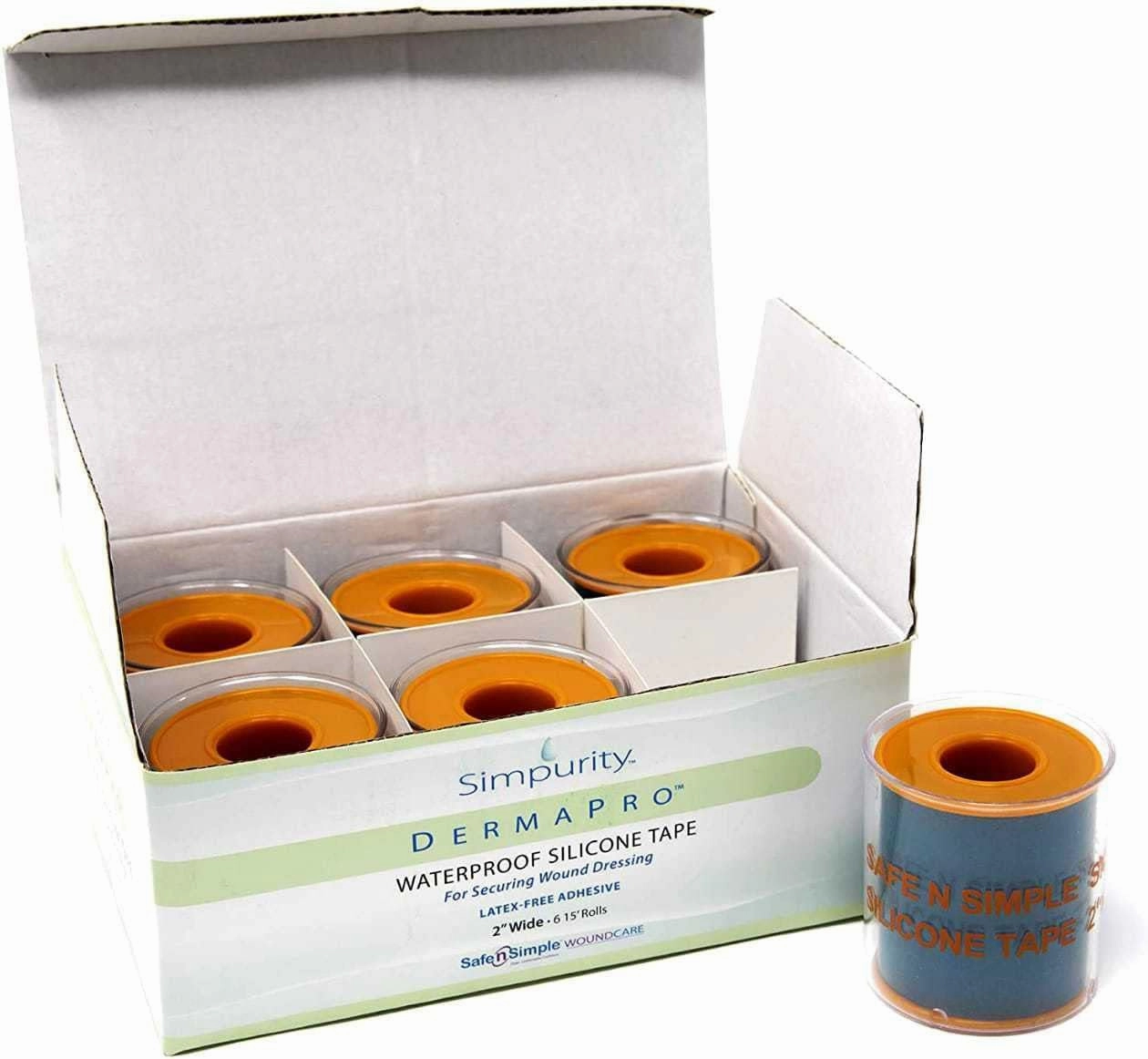 Simpurity DermaPro Silicone Tape Waterproof -2"x15" Individual 6 Count- Latex Free Tape Medical for Securing Wound Dressing - Silicone Wound Healing Tape for Sensitive Skin Waterproof