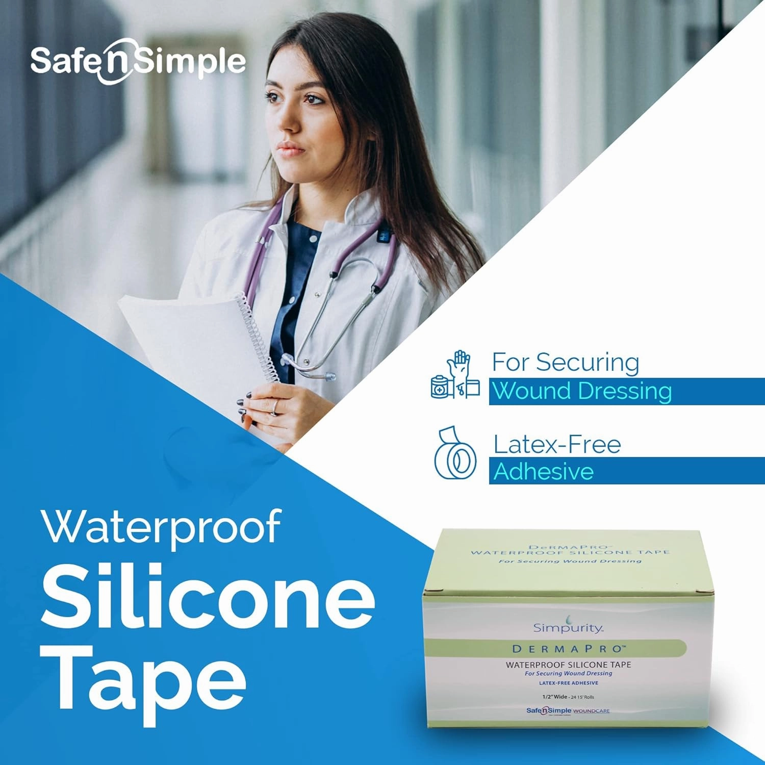 Simpurity DermaPro Silicone Tape Waterproof -2"x15" Individual 6 Count- Latex Free Tape Medical for Securing Wound Dressing - Silicone Wound Healing Tape for Sensitive Skin Waterproof