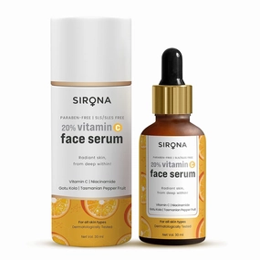 Sirona 20% Vitamin C Face Serum for Men & Women – 30 ml for Repair Skin Damage, Heals Dark Spots & Makes Skin Radiant | with Niacinamide, Gotu Kola & Tasmanian Pepper Fruit