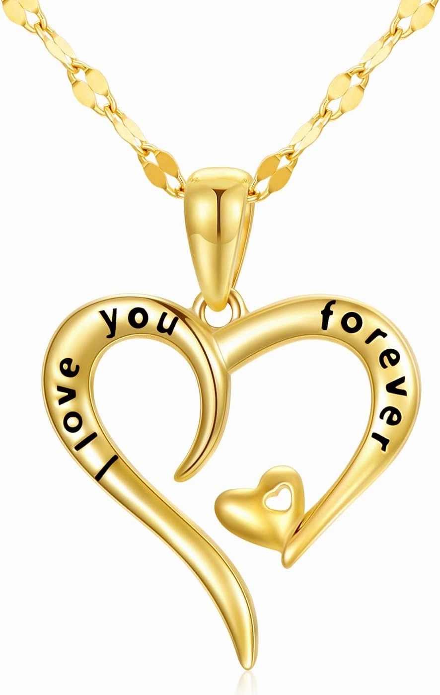 SISGEM 14k Gold I love You Forever Heart Necklace for Women, Real Gold Lip Chain Love Pendant Jewelry, Anniversary Present for Wife, Gifts for Her, 18 Inches