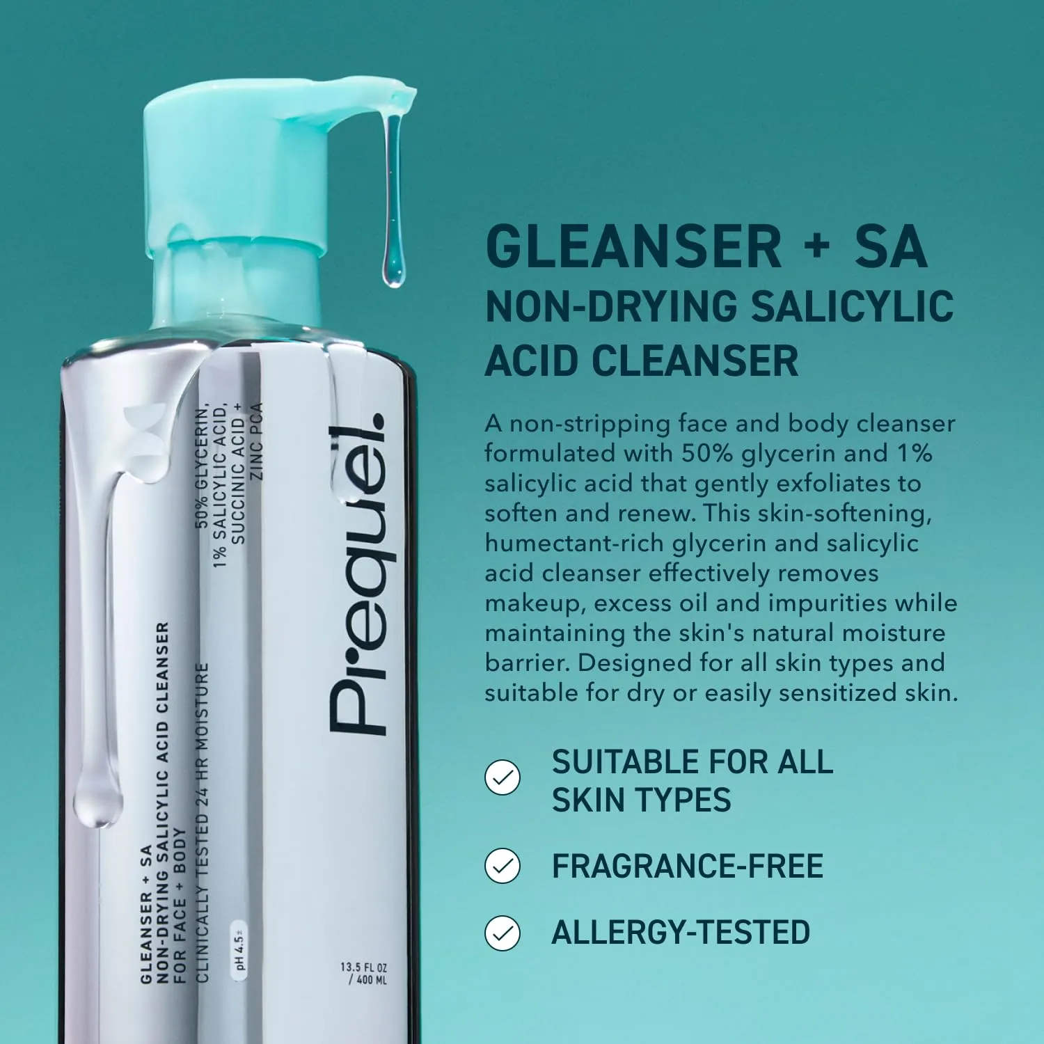 Skin Gleanser SA, Moisturizing Glycerin Face Wash, Body Wash 2-Pack. 1% Salicylic Acid Face Cleanser. Unscented, Oily, and Combination Skin Face Soap. 13.5oz (each) Pump Bottles