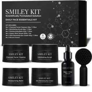SMILEYKIT Facial Care Kit Premium (6 pcs kit ): Charcoal Facial Cleanser   Exfoliating Scrub, Moisturizing Balm   Super Glow Serum   Skin Renewing Eye Cream & FREE Brush Cleanser Complete Skin Care