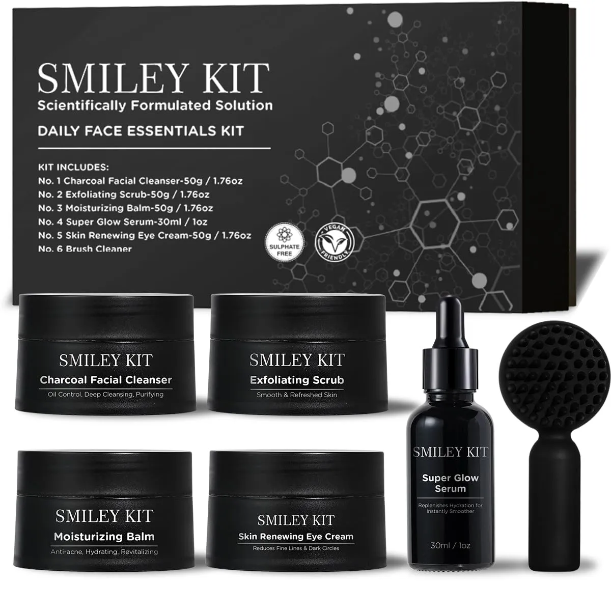 SMILEYKIT Facial Care Kit Premium (6 pcs kit ): Charcoal Facial Cleanser   Exfoliating Scrub, Moisturizing Balm   Super Glow Serum   Skin Renewing Eye Cream & FREE Brush Cleanser Complete Skin Care