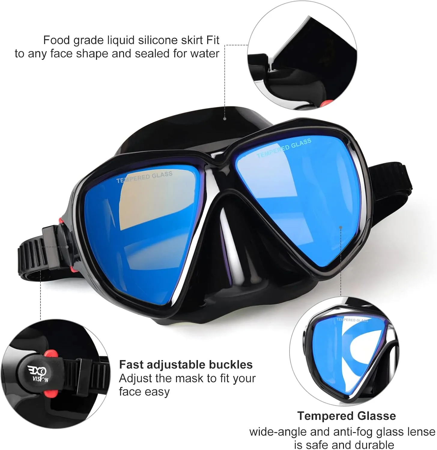 Snorkel Diving Mask Panoramic HD Swim Mask, Anti-Fog Scuba Diving Goggles,Tempered Glass Dive Mask Adult Youth Swim Goggles with Nose Cover for Diving, Snorkeling, Swimming