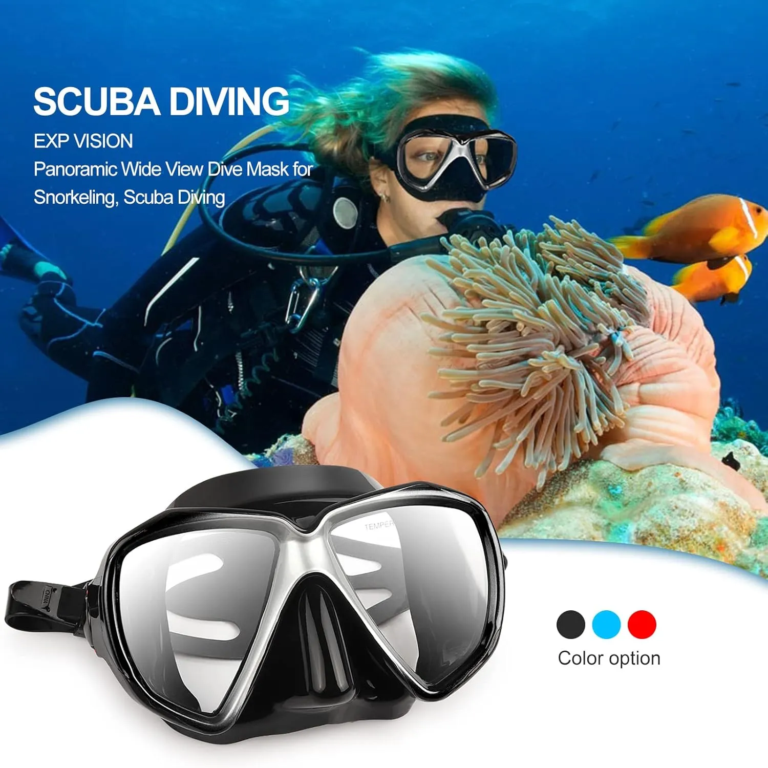 Snorkel Diving Mask Panoramic HD Swim Mask, Anti-Fog Scuba Diving Goggles,Tempered Glass Dive Mask Adult Youth Swim Goggles with Nose Cover for Diving, Snorkeling, Swimming
