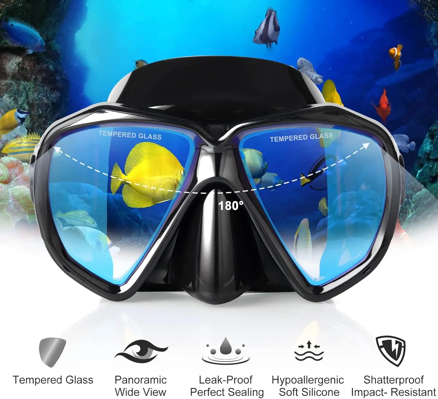 Snorkel Diving Mask Panoramic HD Swim Mask, Anti-Fog Scuba Diving Goggles,Tempered Glass Dive Mask Adult Youth Swim Goggles with Nose Cover for Diving, Snorkeling, Swimming